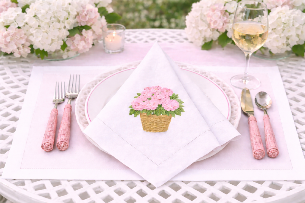 Set of 4 Pink Hydrangea Embroidered Dinner Napkins