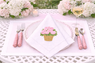 Set of 4 Pink Hydrangea Embroidered Dinner Napkins