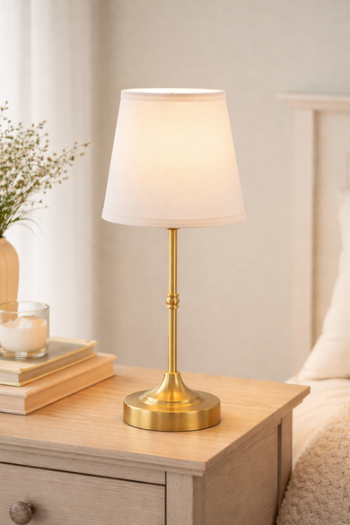 Antique Gold Rechargeable Lamp with Soft Pink Shade