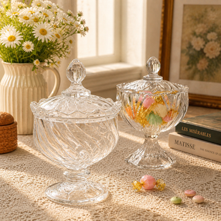 Vintage Swirl-Cut Glass Candy Jar with Lid