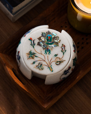 Mughal Multicolored Marble Inlay Coaster Set (6-Piece) – Gemstone Pietra Dura with Holder