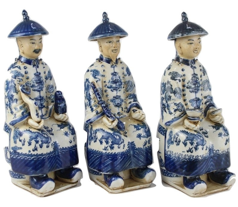 Blue & White Trio of Sitting Emperors | Classic Chinoiserie Figurines