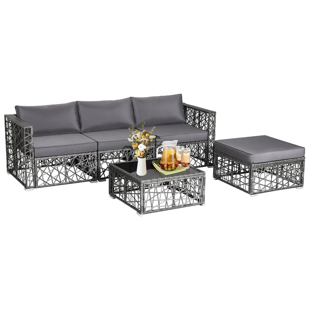 5-Piece PE Rattan Wicker Patio Sectional Sofa Set with Gray Cushions