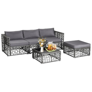 5-Piece PE Rattan Wicker Patio Sectional Sofa Set with Gray Cushions