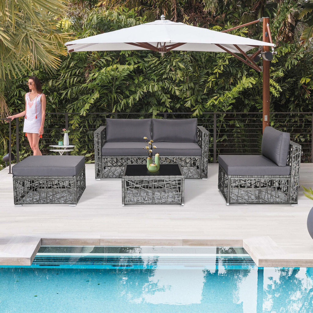 5-Piece PE Rattan Wicker Patio Sectional Sofa Set with Gray Cushions