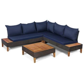 4-Piece Cushioned PE Rattan Patio Furniture Set with Acacia Wood Tables
