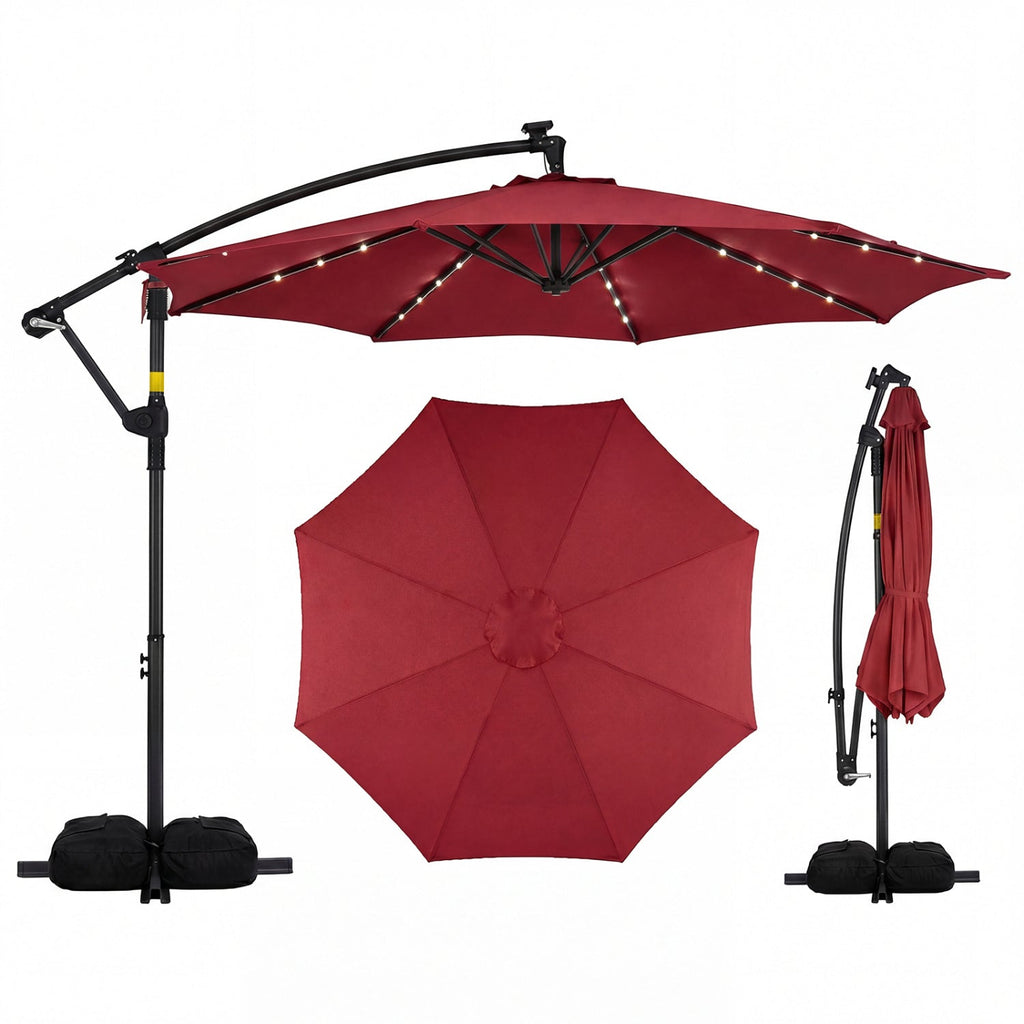 10-Foot Solar LED Cantilever Patio Umbrella with 360° Rotation and Weighted Base