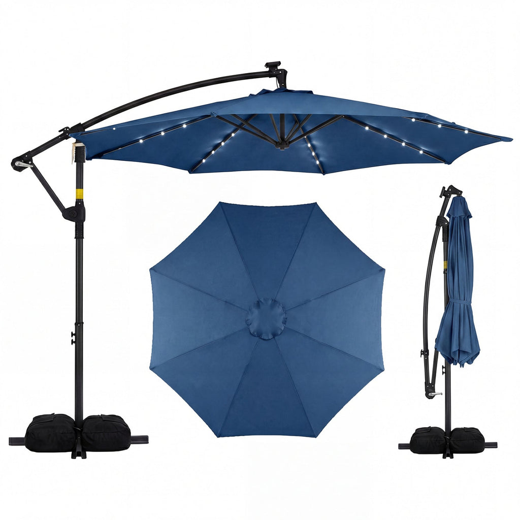 10-Foot Solar LED Cantilever Patio Umbrella with 360° Rotation and Weighted Base