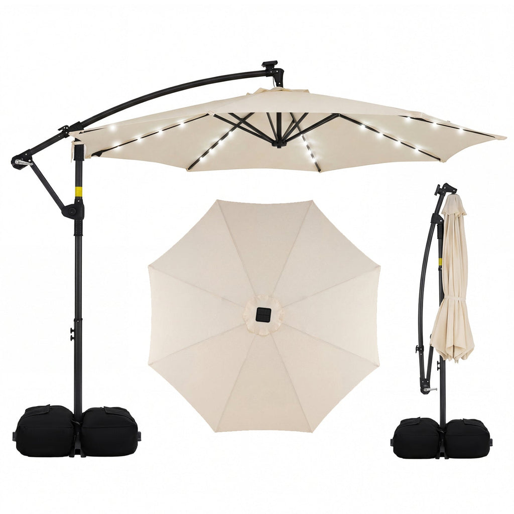 10-Foot Solar LED Cantilever Patio Umbrella with 360° Rotation and Weighted Base