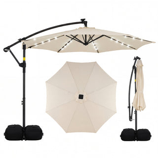 10-Foot Solar LED Cantilever Patio Umbrella with 360° Rotation and Weighted Base