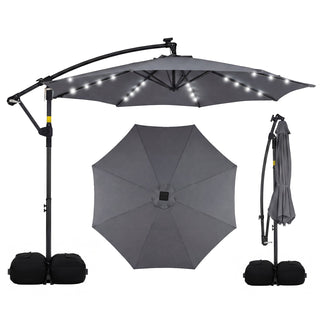 10-Foot Solar LED Cantilever Patio Umbrella with 360° Rotation and Weighted Base