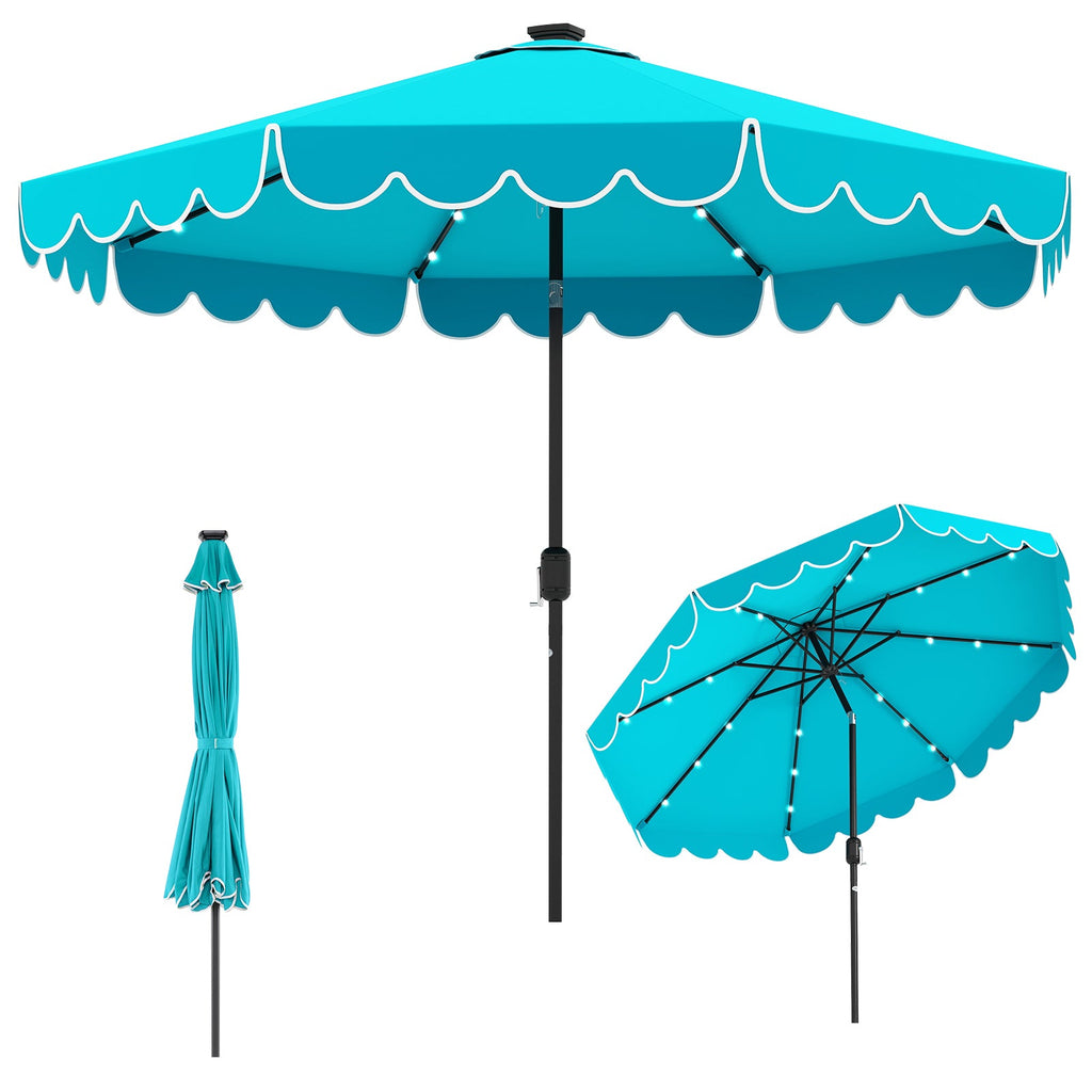 10-Foot Solar Patio Umbrella with 24 LED Lights and Ruffled Canopy