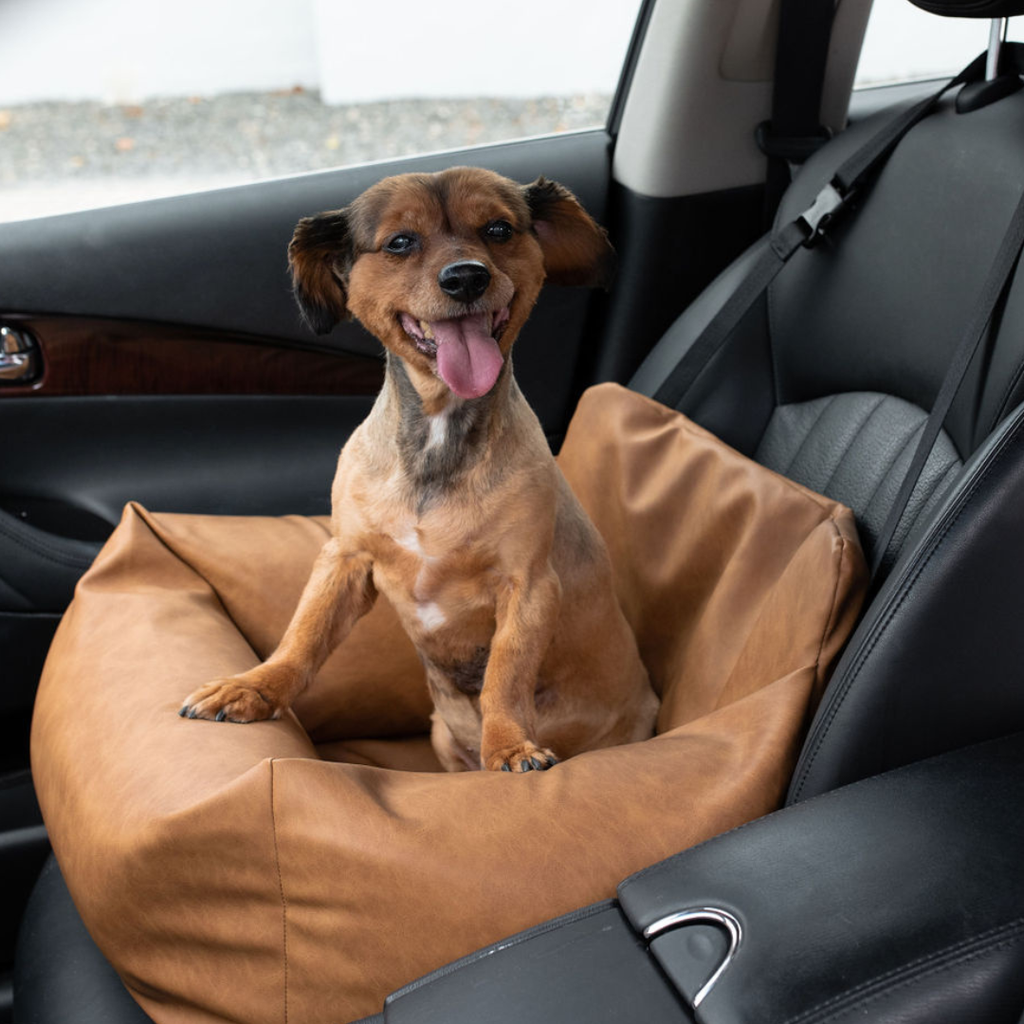 PupProtector™ Vegan Leather Memory Foam Dog Car Bed – Camel