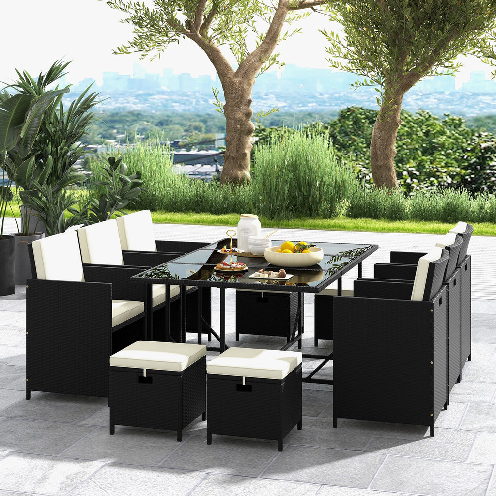 11-Piece Black PE Rattan Patio Dining Set with White Cushions