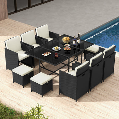 11-Piece Black PE Rattan Patio Dining Set with White Cushions