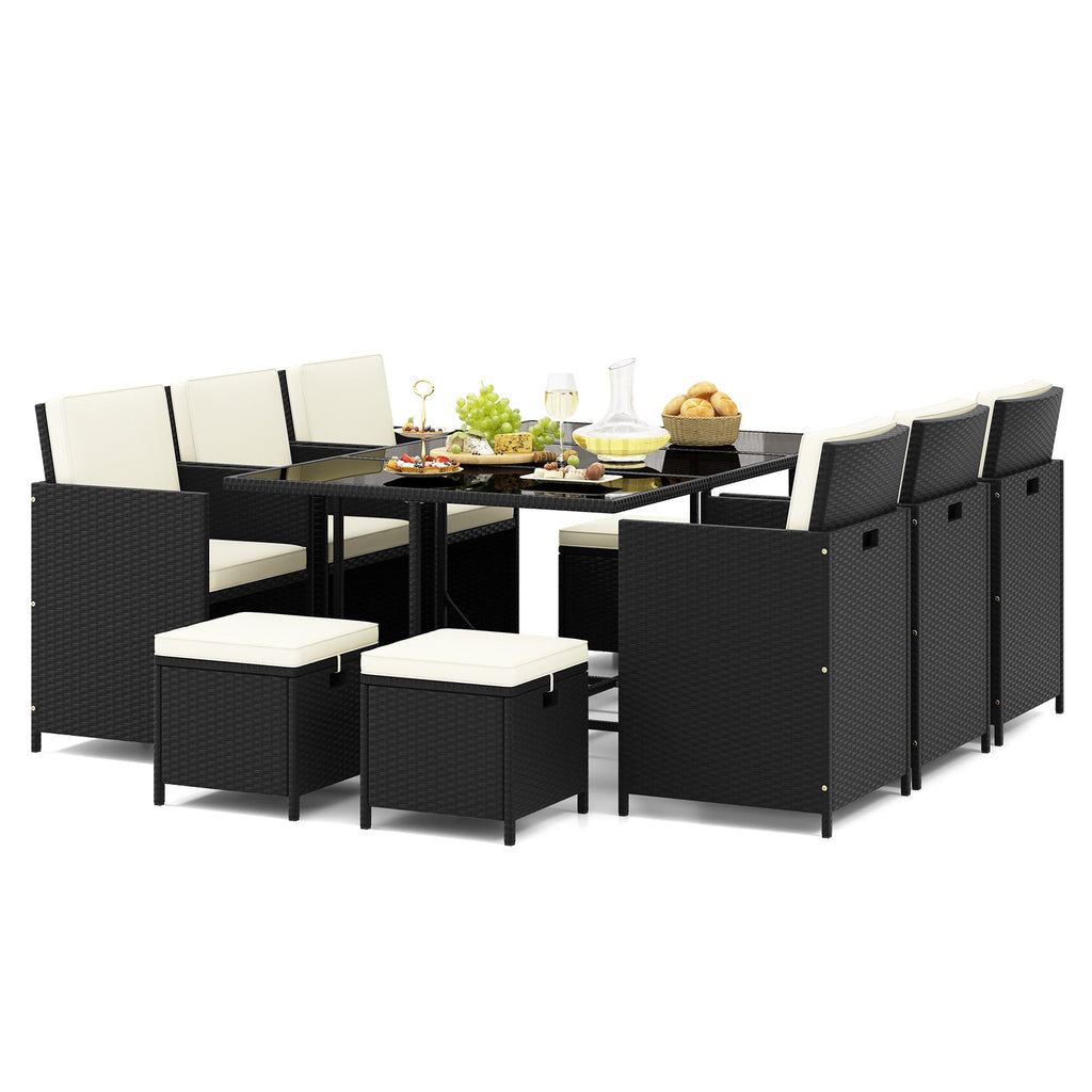 11-Piece Black PE Rattan Patio Dining Set with White Cushions