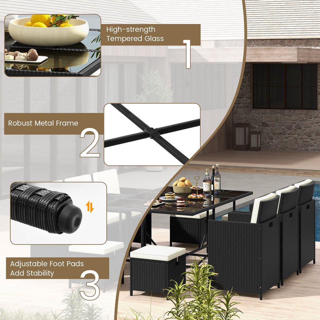 11-Piece Black PE Rattan Patio Dining Set with White Cushions