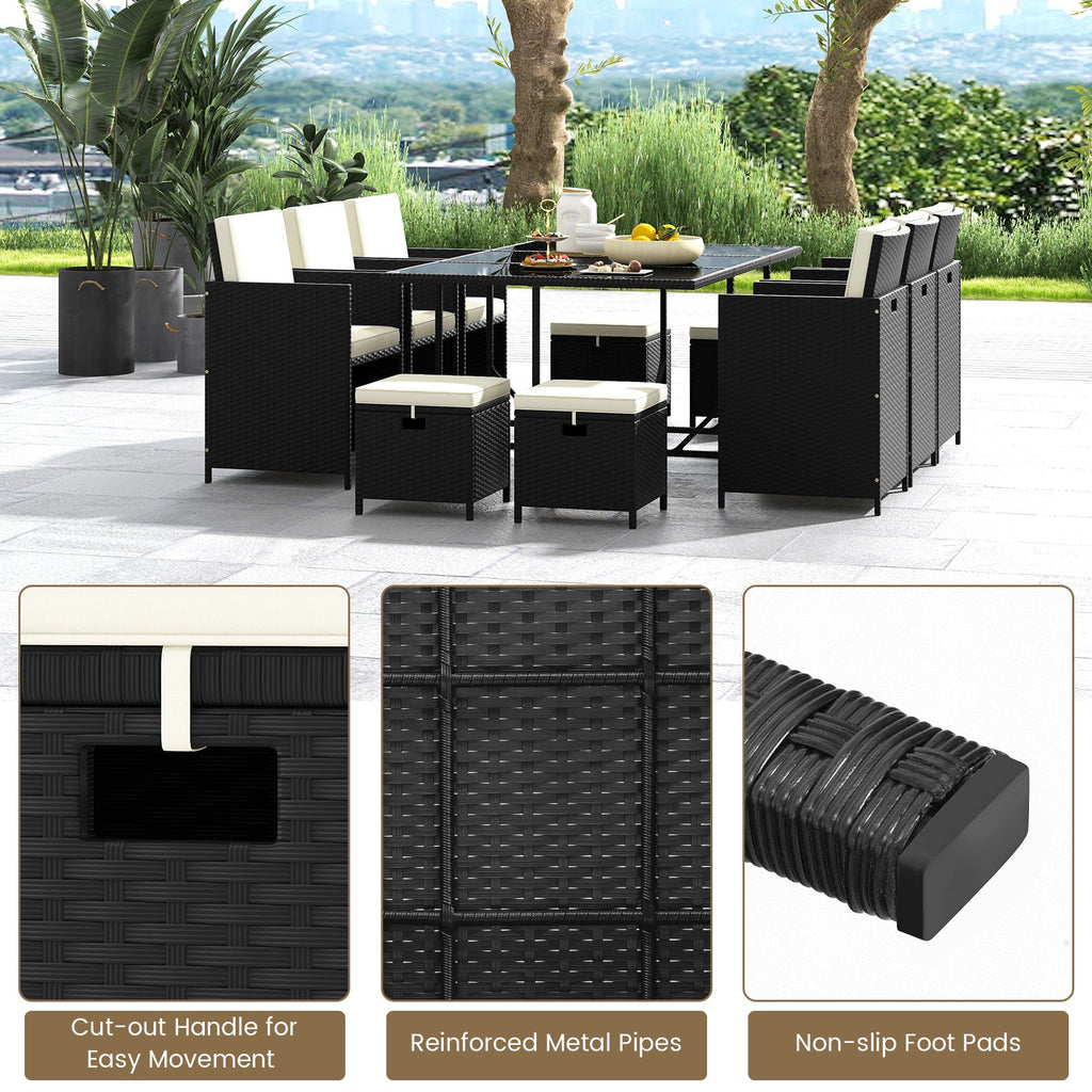 11-Piece Black PE Rattan Patio Dining Set with White Cushions