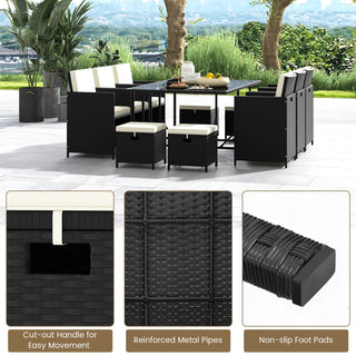 11-Piece Black PE Rattan Patio Dining Set with White Cushions