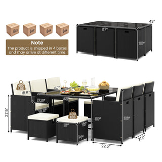 11-Piece Black PE Rattan Patio Dining Set with White Cushions