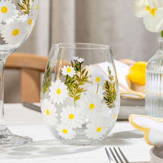 Daisy Painted Stemless Wine Glasses – Set of 2