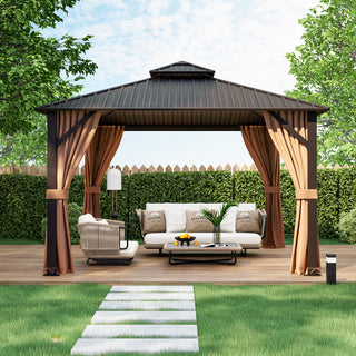 Double-Roof Hardtop Gazebo with Curtains and Netting – 12' x 12', Coffee