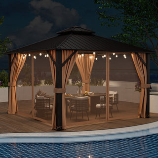 Double-Roof Hardtop Gazebo with Curtains and Netting – 12' x 12', Coffee