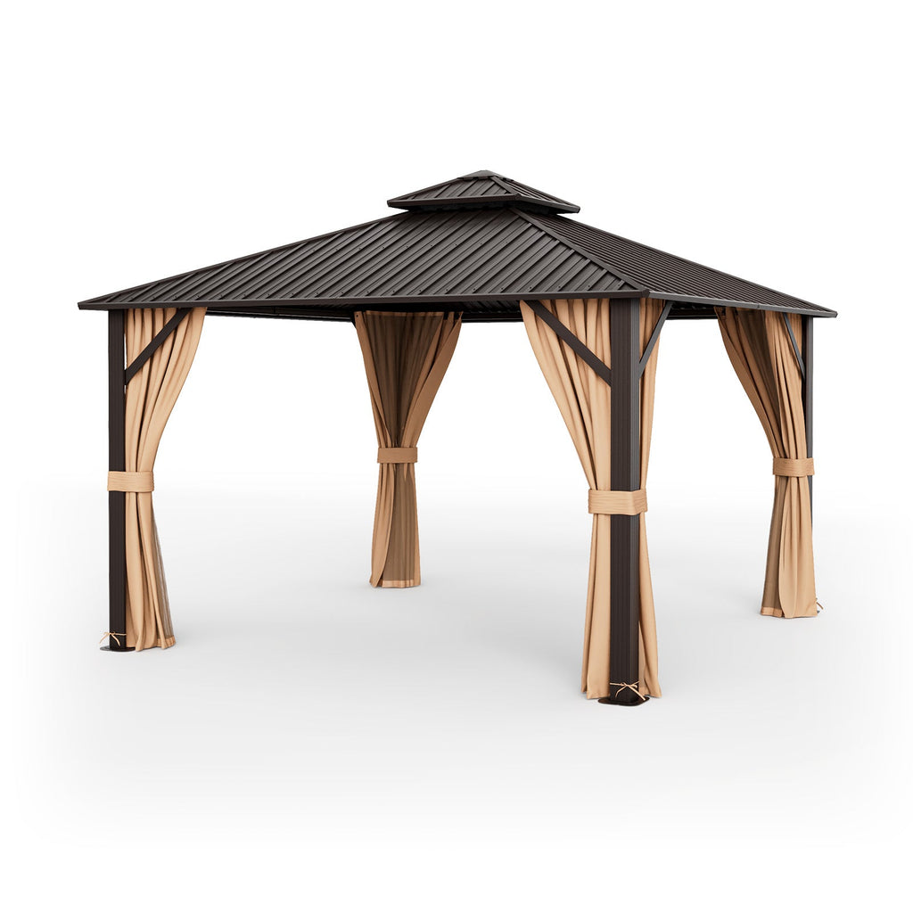 Double-Roof Hardtop Gazebo with Curtains and Netting – 12' x 12', Coffee