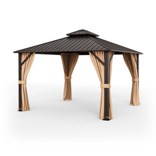 Double-Roof Hardtop Gazebo with Curtains and Netting – 12' x 12', Coffee