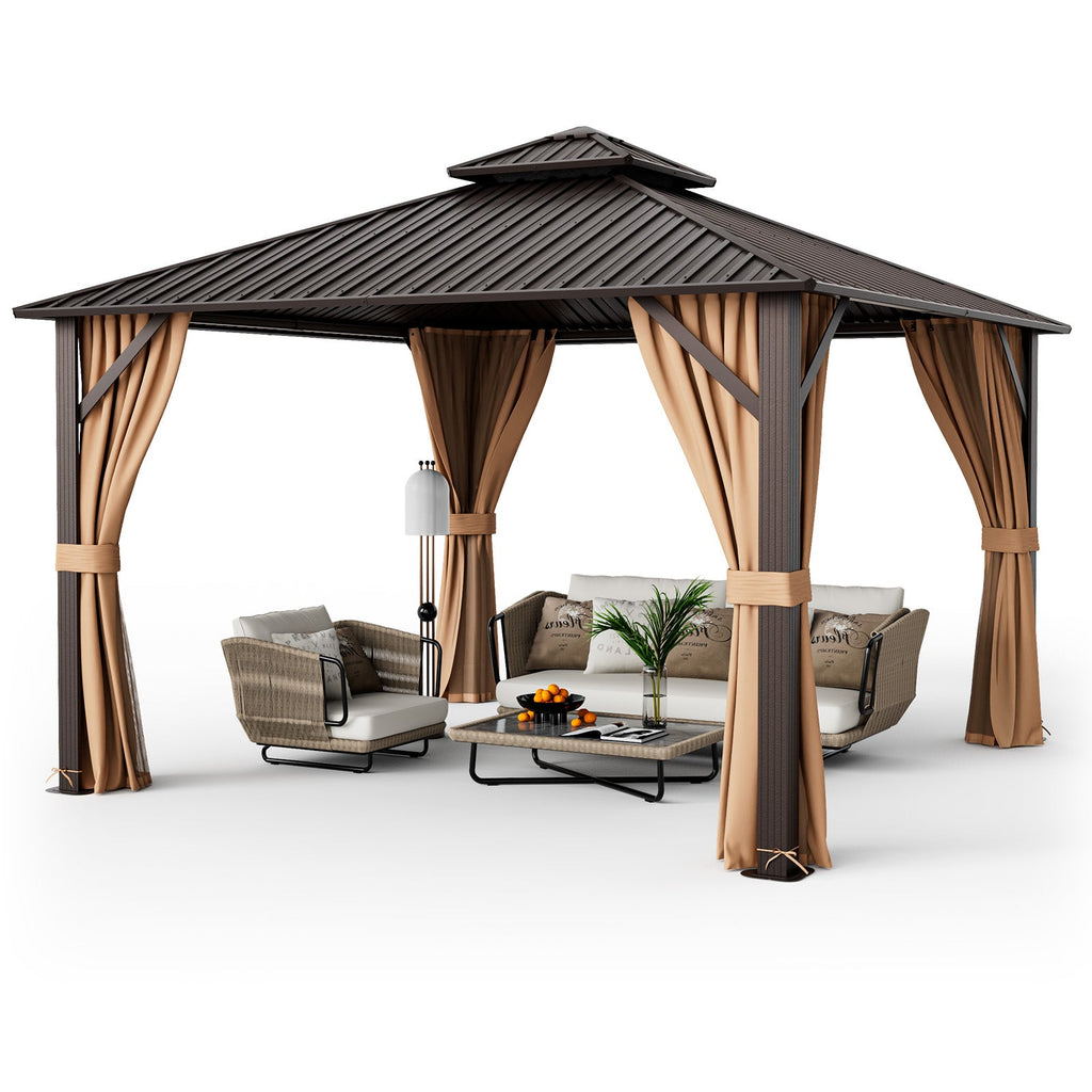 Double-Roof Hardtop Gazebo with Curtains and Netting – 12' x 12', Coffee