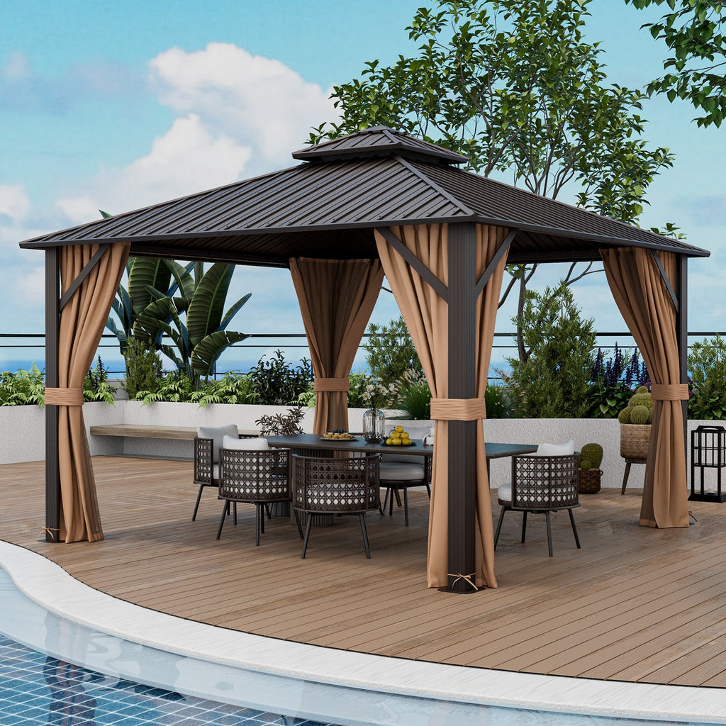 Double-Roof Hardtop Gazebo with Curtains and Netting – 12' x 12', Coffee