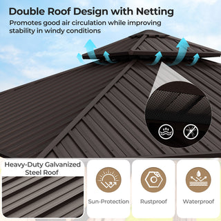 Double-Roof Hardtop Gazebo with Curtains and Netting – 12' x 12', Coffee