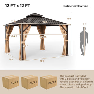 Double-Roof Hardtop Gazebo with Curtains and Netting – 12' x 12', Coffee