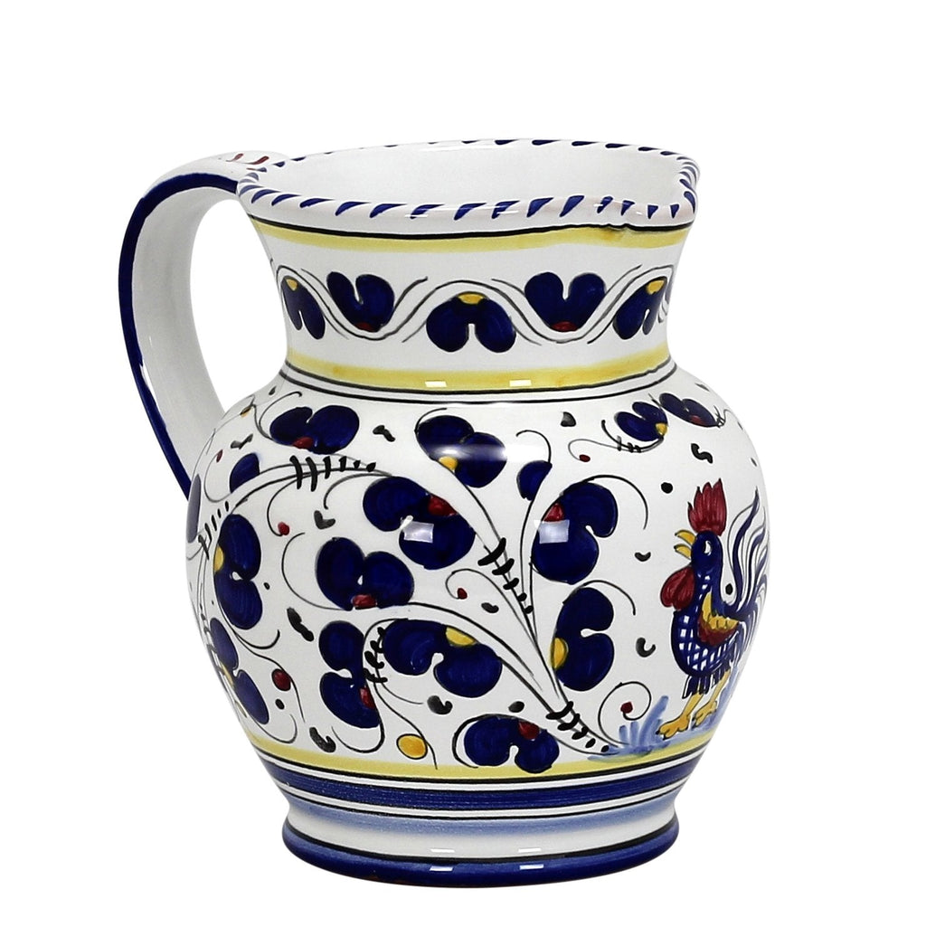 ORVIETO BLU ROOSTER: Traditional Deruta Pitcher (1.25 Liters/40 Oz/5 Cups)