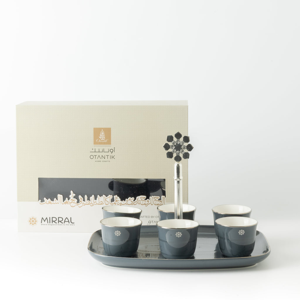 Mirral - Arabic Coffee Cups With Holder - Dark Blue & Silver