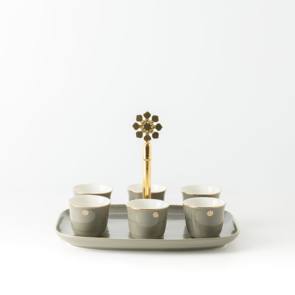 Mirral - Arabic Coffee Cups With Holder - Grey & Gold