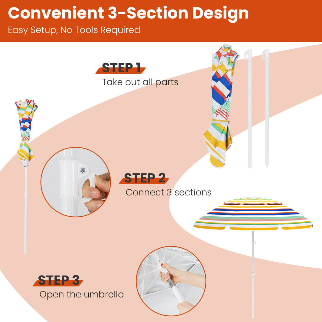 6.5-Foot Portable Beach Umbrella with UPF 50+ Protection and Tilt – Colorful