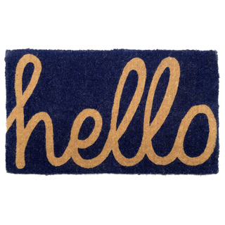 Cursive Hello Dark Blue Natural Coir Doormat