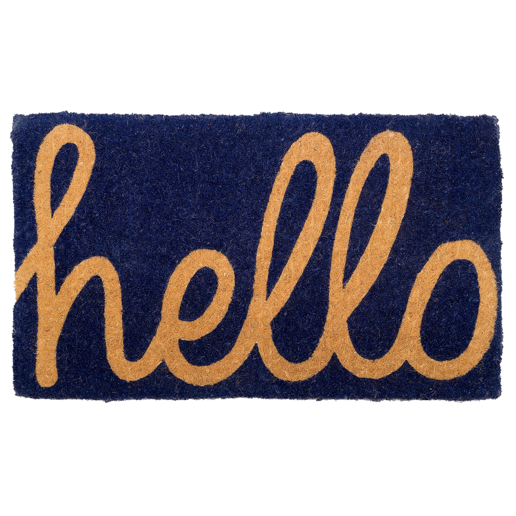 Cursive Hello Dark Blue Natural Coir Doormat