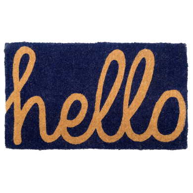 Cursive Hello Dark Blue Natural Coir Doormat