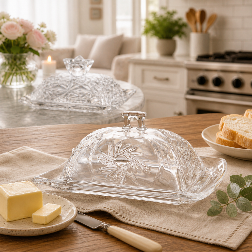 Vintage Crystal-Cut Glass Butter Dish with Lid