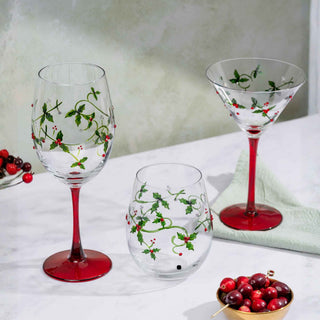 Hand-Painted Holly & Jeweled Berry Stemless Wine Glasses – Set of 2
