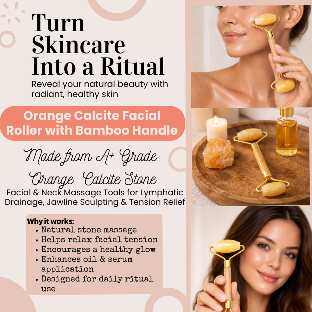 Orange Calcite Facial Roller – Natural Stone Roller with Bamboo Handle