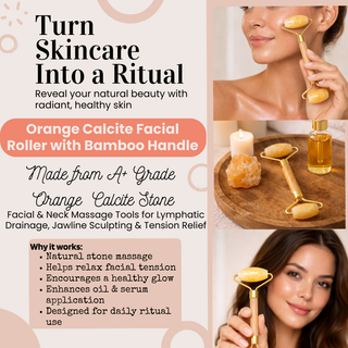 Orange Calcite Facial Roller – Natural Stone Roller with Bamboo Handle