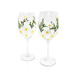Hand-Painted Daisy Wine Glasses – Set of 2