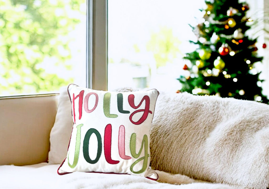 Holly Jolly Embroidered Christmas Pillow – Holiday Collection