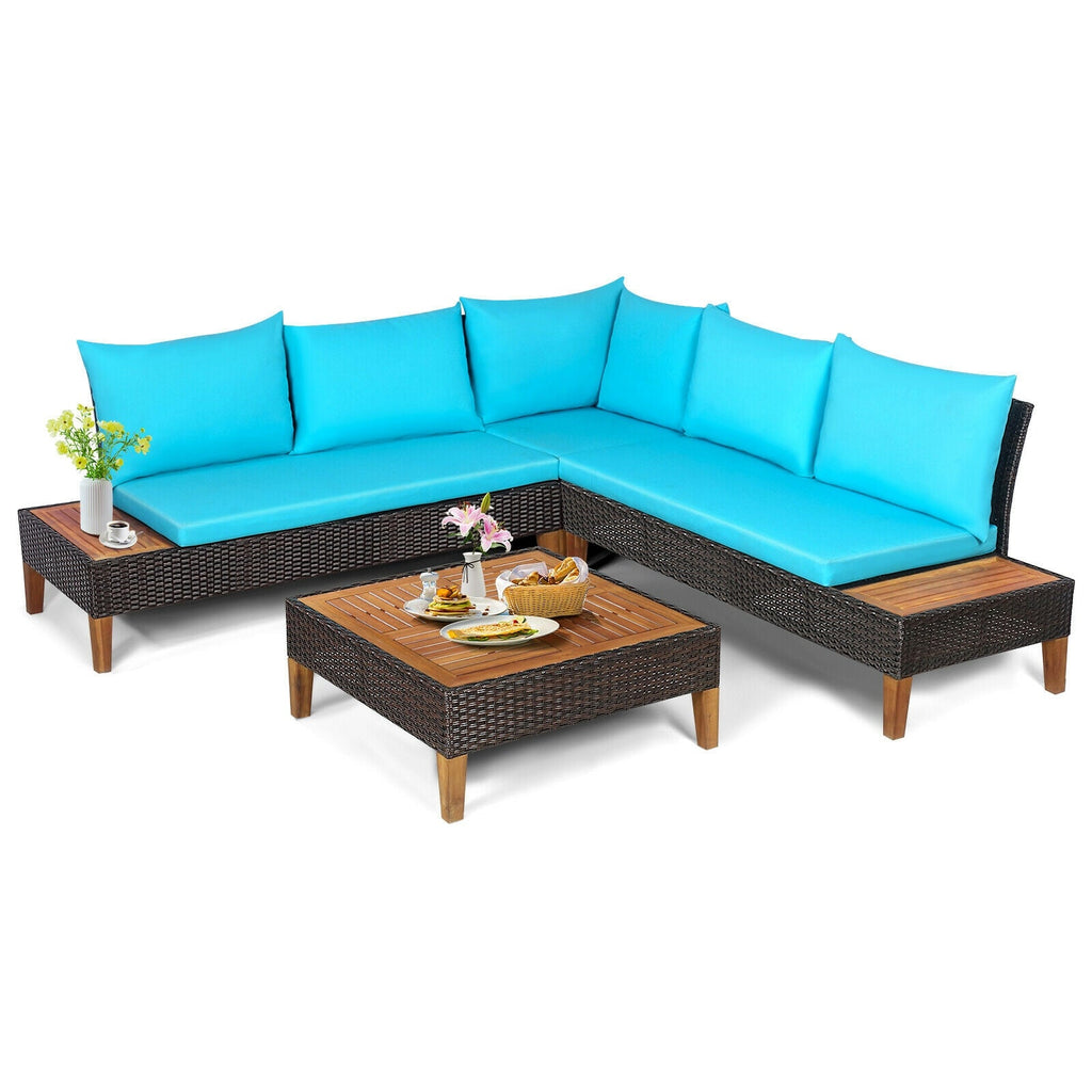 4-Piece Cushioned PE Rattan Patio Furniture Set with Acacia Wood Tables