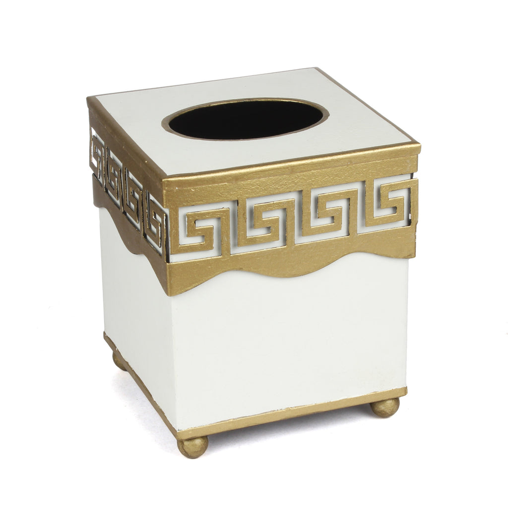 Ivory Greek Key Wastepaper Basket & Tissue Holder | Elegant Bathroom Décor
