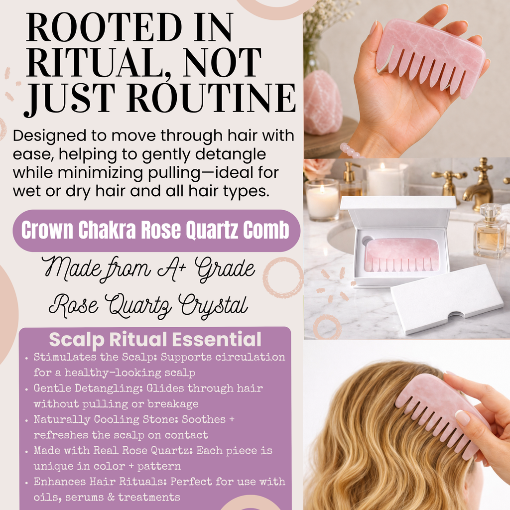 Crown Chakra Rose Quartz Comb – Crystal Scalp Massage & Wide Tooth Hair Comb
