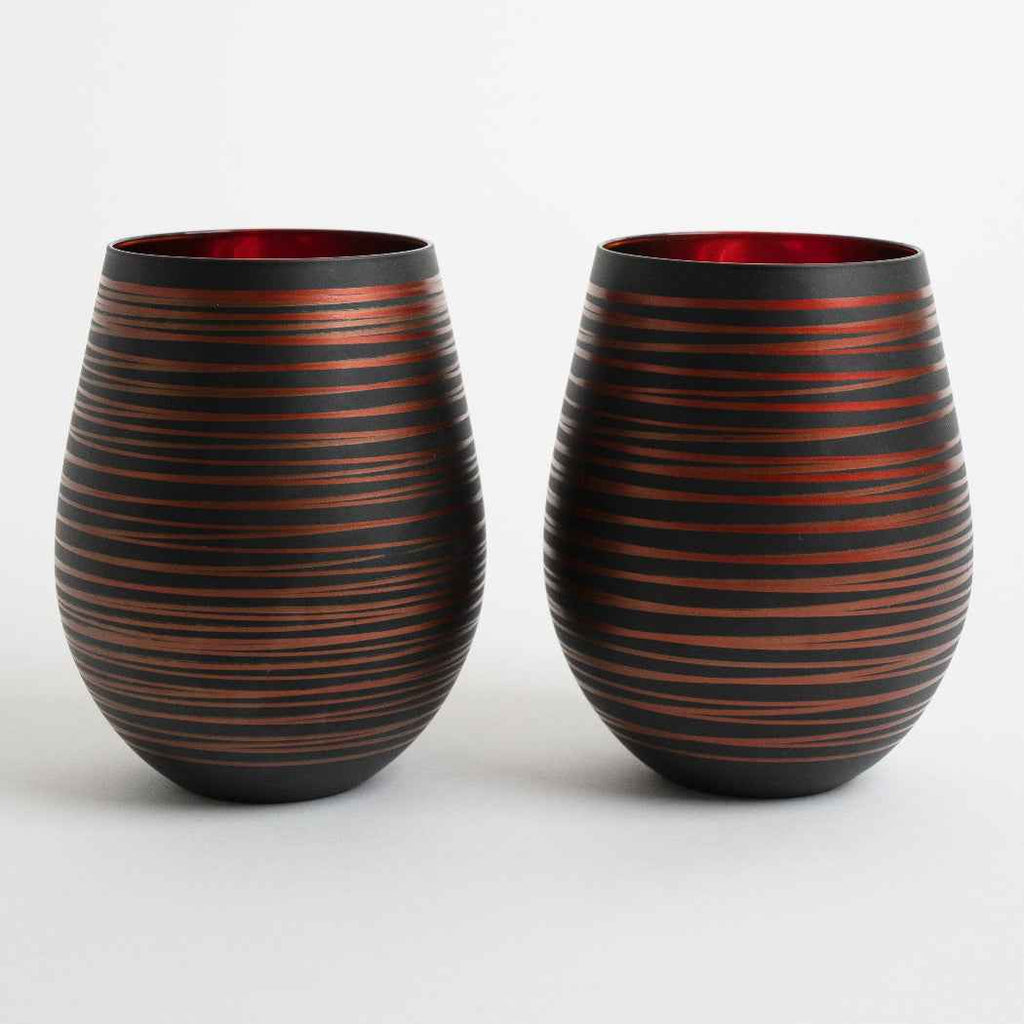 Black Swirl Stemless Wine Glasses with Copper Interior – Set of 2